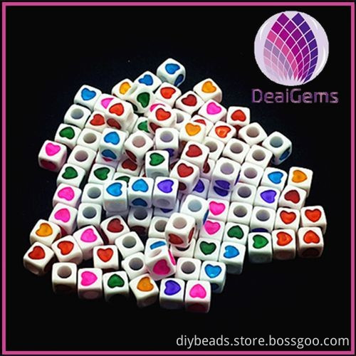 7mm cube white with colorful heart acrylic beads